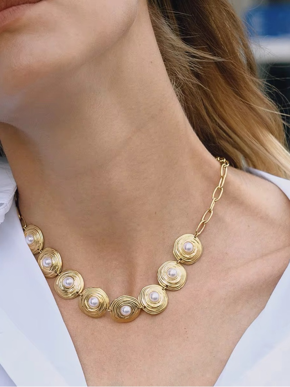 18K Gold Plated Pearl Medallion Statement Necklace - Picture 3 of 8